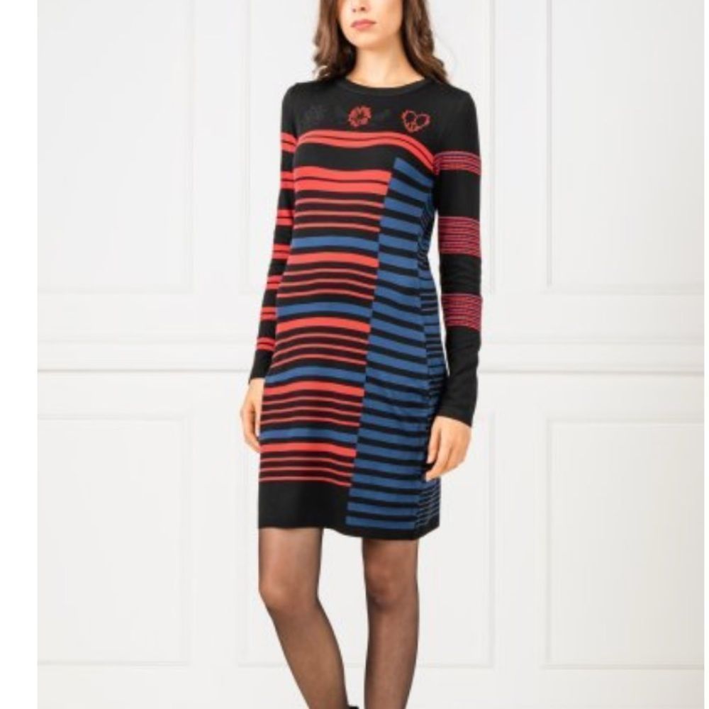 Desigual - Janine MIDI Striped Sweater Dress with Cute Design Details - size XS